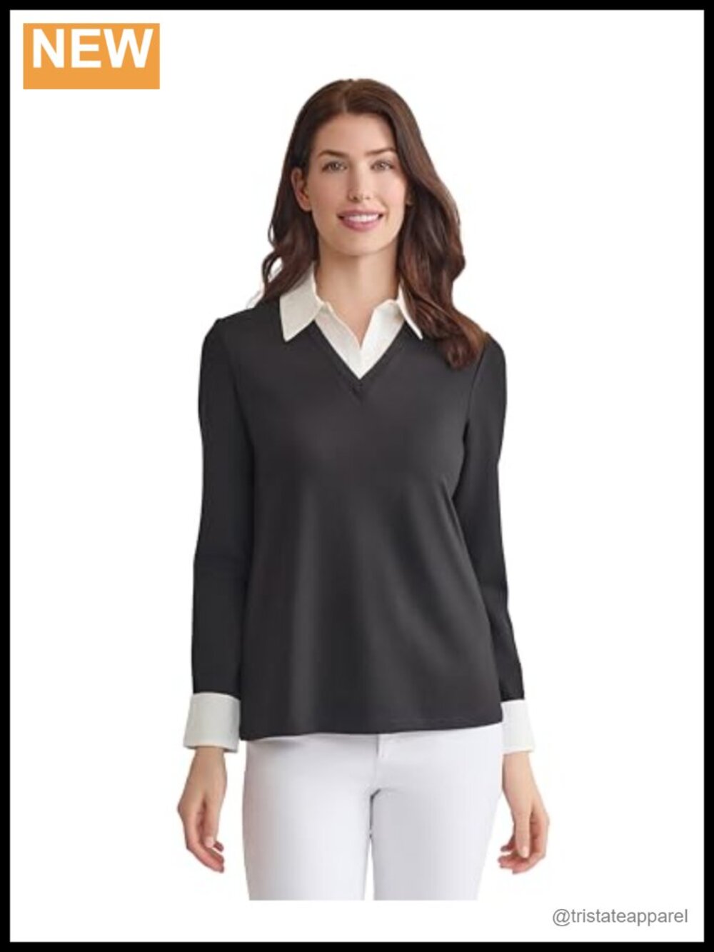 Long Sleeve Knit Top with Poplin Cuffs and Collar